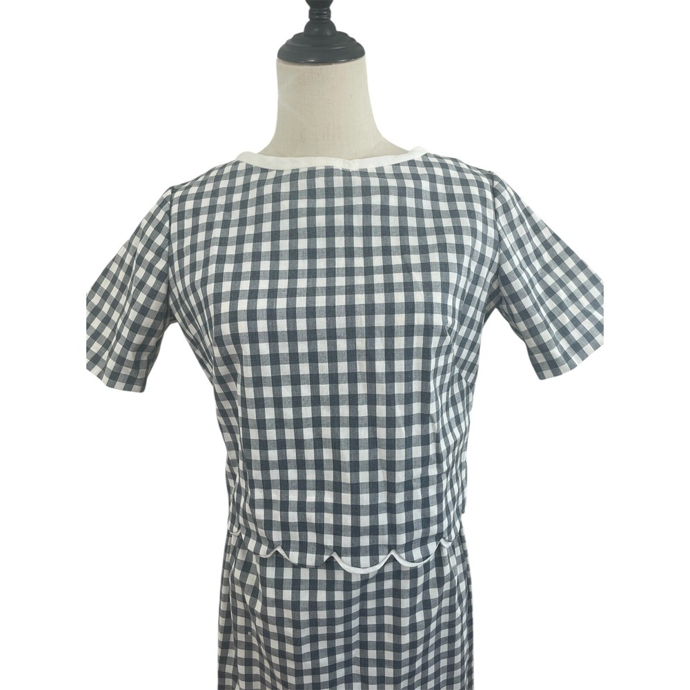 Vintage 1950s Gingham Gray And White Top And Skirt Set Sz S Cotton Button Detail - Picture 2 of 9